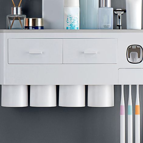Porte-brosse à dents mural sans perçage, distributeur de dentifrice, gobelet rince-bouche, ensemble de rangement pour salle de bain, gris, lot de 4 tasses. (1/3)