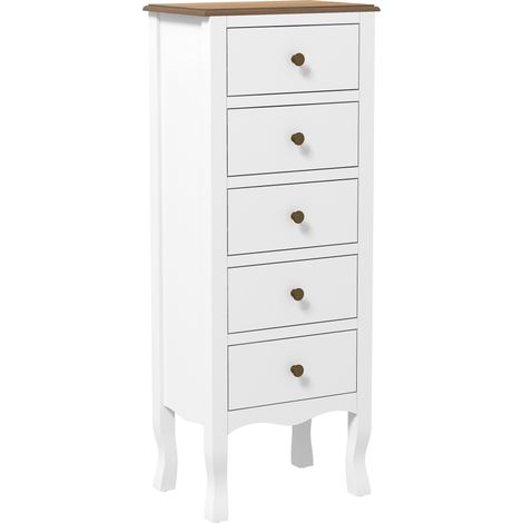 Chiffonnier 5 tiroirs, Meuble de rangement compact blanc avec poignée bouton effet laiton
