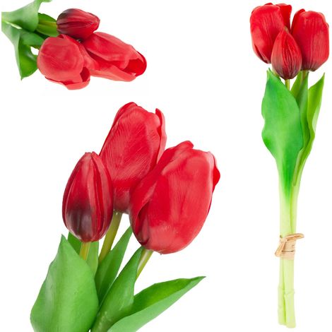 CV17690-7 Strauß aus gummierten Silikon-Tulpen, 3 Stück, luxuriöse rote Tulpen, lebensecht
