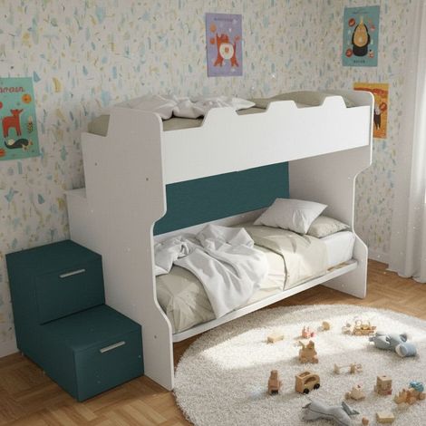 Letto a castello salvaspazio con scala a cassettoni e camminatoio - Bianco e Petrolio