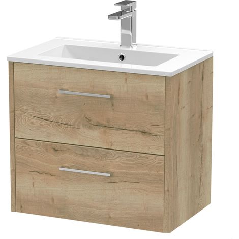 Winshill Contemporary 2 Drawer Wall Hung Vanity Unit with Minimalist Basin, Light Oak, 600mm (1/4)