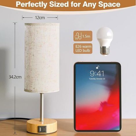 Lampe De Chevet - Tactile 3 Niveaux - Ports USB-A Et USB-C - Abat-Jour En Lin - Base En Bois - Ampoule LED E27 Incluse - 1 Pièce (1/5)