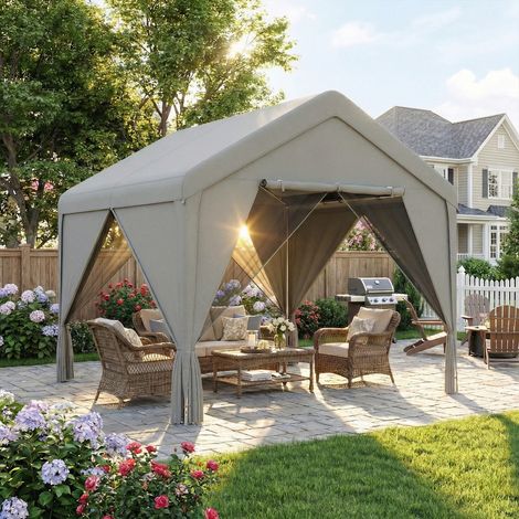 Tonnelle-Pavillon de Jardin 3x3m - Hydrofuge, Structure Acier Galvanisé Robuste, Toit Double Pente, Gris