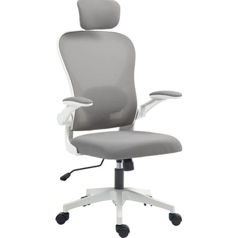 Sedia da ufficio ergonomica grigia con braccioli ribaltabili e supporto lombare regolabile (1/5)