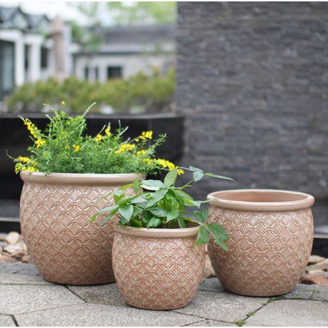 Lot de 3 pots de fleurs en céramique beige brillante à relief monnaie, Ø 38,5/30,5/23 cm (1/5)
