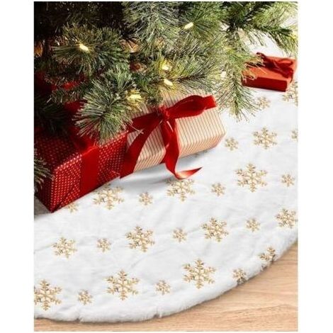 48 Zoll/120 cm Weihnachtsbaumrock für Weihnachtsbaum- und Festtagsdekorationen, weiß, Plüsch, goldene Pailletten, Schneeflocken (1/4)