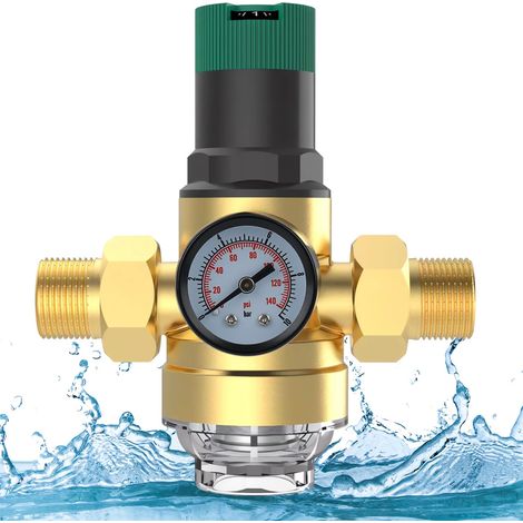 Reducteur de Pression Eau, 1" Limiteur de Pression Avec Manometre Pression Eau Et Filtre à Mailles, Réducteur de Pression d'eau Fabriqué en Laiton Haute Dureté (1/5)
