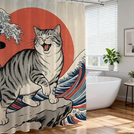 Ensemble de rideau de douche motif chat japonais amusant - Rideau de salle de bain avec 12 crochets ovales durables - 183 x 183 cm (1/5)