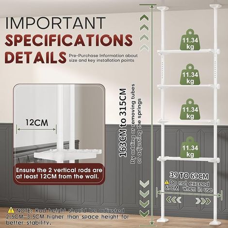 Above Toilet Shelf, Height 163-315cm, Width 39-69cm, Washing Machine Cabinet, Multipurpose Bathroom Organizer for Bathroom, Kitchen, Living Room, Laundry Room (1/3)