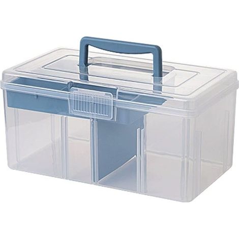 Boîte de rangement multifonctionnelle pour service,portable et à double compartiment transparent.Grande boîte de rangement bleue (1/5)