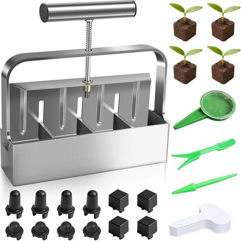 Presse Motte pour Semis, 5 5CM Presse à Motte Manuelle avec Aide au semis, bloqueur de Sol en Alliage d'aluminium, Presse à Main pour Pots de Terre pour la Plantation (4 cellules) (1/5)