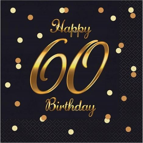 Servilletas de cumpleaños número 60, color negro y dorado, "Feliz Cumpleaños", 33x33cm, 20 unidades. (1/4)