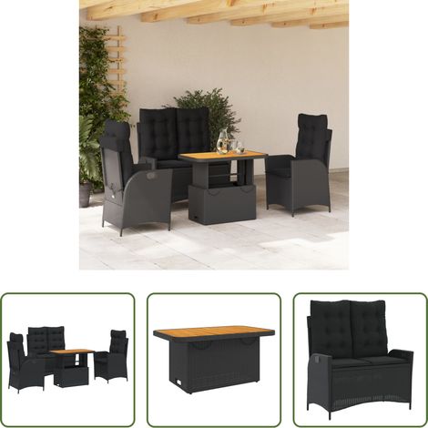 vidaXL Relaxsessel - 4-tlg. Garten-Essgruppe mit Kissen Schwarz Poly Rattan (1/5)