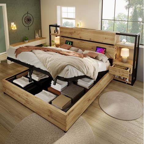 Lit coffre 260x222x110 cm MDF métal chêne, USB, rangement pour chambre, sans matelas – MEUBLIV (1/5)