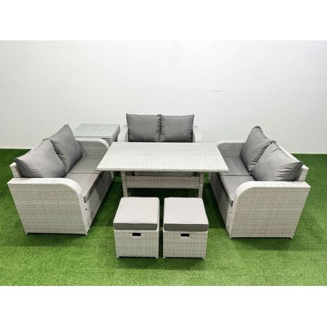 Fimous 8 Seater PE Wicker Rattan Furniture Sofa Sets with Rectangular Dining Table 2 Seater Love Sofa 2 Stool Side Table Light Grey (1/4)