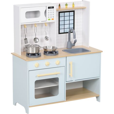 Kitchenette pour enfants avec bruit, micro-ondes et accessoires de cuisine bleus, poêle, four, robinet, évier