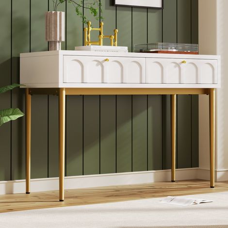 URBAN MEUBLE Console élégante avec 2 tiroirs blanc crème structure et poignée dorée 100x45cm (1/5)