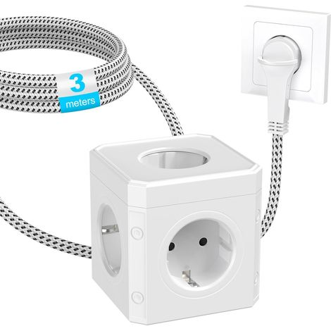 Cube de Prises avec Fiche Plate, 5 en 1 Prise Multiple Cube (250V/16A), 5 Prise de Multiples, Prise Multiple Distributeur de Prises avec Câble Tressé de 3M pour Bureau, Maison, Blanc (1/5)