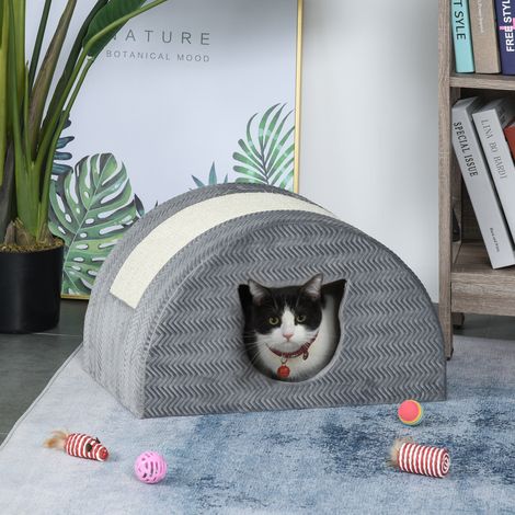 PawHut Katzenhöhle mit Kraztbrett Katzenbett Kratzhaus Katzenhaus Katzenwohnung Sisal Grau 48,5 x 30 x 30 cm