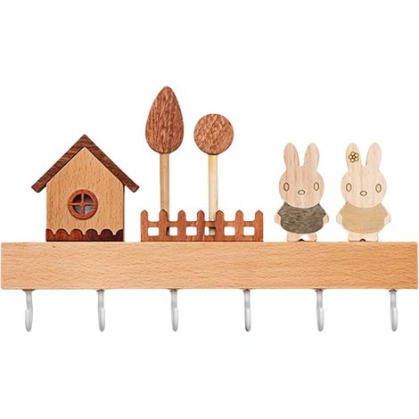 Wooden Wall Mounted Hooks with Mini Scene Decor, Cute Cartoon Key Holder Hooks for Entryway, Bedroom, Living Room, Office