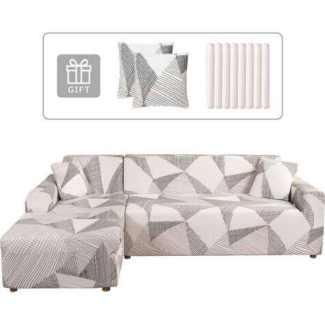 2-Piece Stretch Corner Sofa Cover with Armrests Convertible with Two Pillowcases L-Shaped Corner Sofa Cover, White Line (1/5)