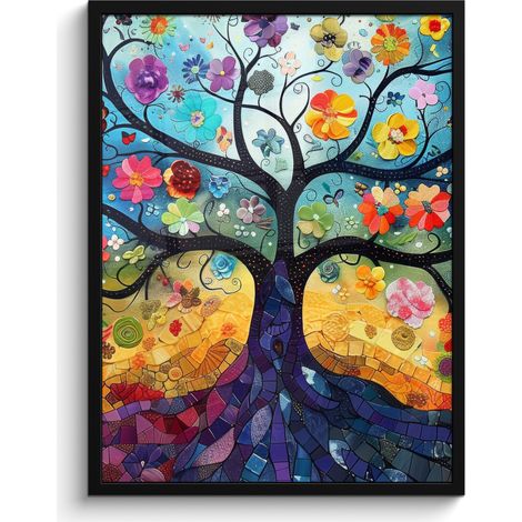 AFFICHE ENCADRÉE Art - Arbre de vie - Fleurs - Hippie Tableau Décoration Murale 60x80 (1/5)