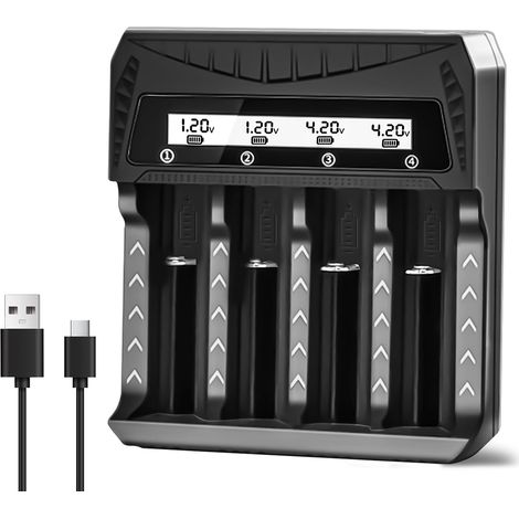 Chargeur de Batterie 18650, Chargeur Rapide avec écran LCD, Compatible avec Les Batteries Lithium-ION 3.7V 18650 26650 14500 16340 18500,1.2V Ni-MH/Ni-CD AA AAA (4 Baies) (1/5)
