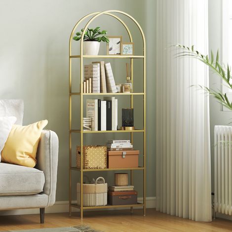 5-stöckiges Glasregal, Bogenregal, schmales Bücherregal, 60 x 30 x 175 cm, Gold