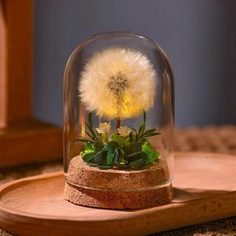Lampe LED pissenlit avec véritable fleur faite main sous dôme de verre, lumière d'ambiance chaude, décoration de table verte