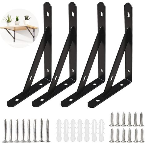 Quatre supports d'étagère muraux noirs, cadres métalliques triangulaires, 20×12 cm (capacité de charge de 30 kg) (1/5)