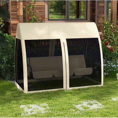 Balancín de jardín 2 en 1 con función cama, 3 plazas, toldo y mosquitera, metal, OKWISH (1/5)