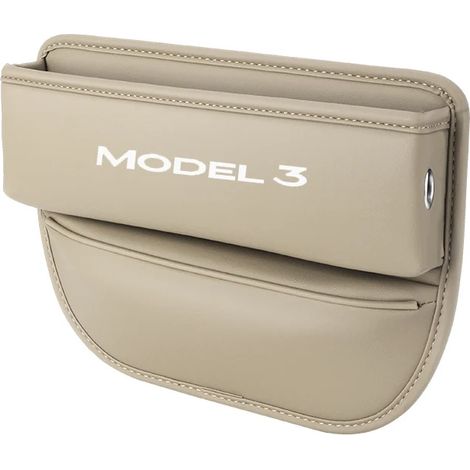 (3-Beige) Boîte de rangement pour siège auto Tesla Model 3 et Model Y (2023-2022) avec porte-gobelet, porte-téléphone et porte-clés. Accessoires intérieurs en cuir. (1/5)