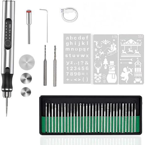 Elektrischer Gravierstift, 3 einstellbare Geschwindigkeiten, wiederaufladbares kabelloses Gravierwerkzeug, 42-teiliges Set (silber) (1/5)