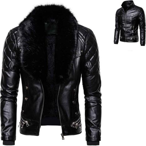 1 veste de moto homme, col fourrure amovible, rivets, coupe-vent en coton épais et cuir, style punk