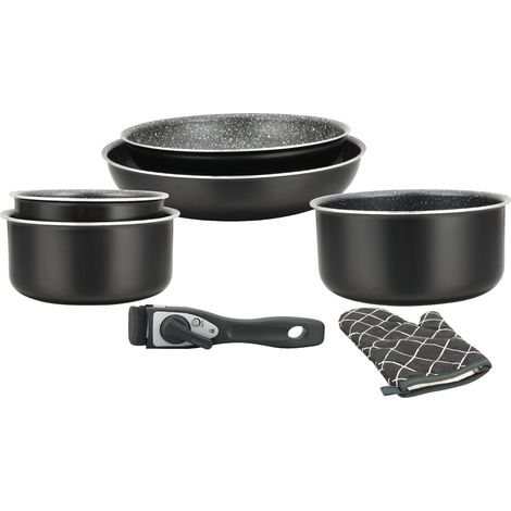Batterie De Cuisine, Lot de 3 Casseroles Induction et 2 Poeles Tous Feux de différentes tailles et 1 gant de cuisine, Revêtement Marbre Antiadhésif, Poignées Amovibles, Noir (1/5)