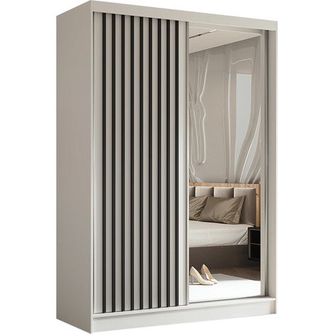 AX LIVING Cabinio Schrank mit Spiegel Weiß 150 cm Schwarz Lamelldesign