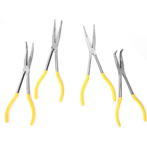 Kit de 4 pinces mécaniques de 28 cm (11 pouces) de long, à bec long, coudées à 25°, 45° et 90°, avec embouts droits et coudés, en acier au carbone. (1/5)