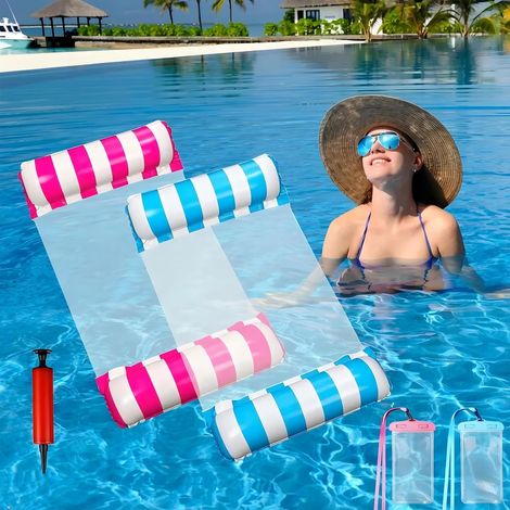 Lot de 2 Bouee Piscine Adulte,Matelas Gonflable Piscine 130x70 cm, Hamac Aquatique 4 en 1 XL, Flotteur Piscine avec 2 Sacs Étanches & Pompe à Air, Transat Gonflable Plage Été (1/5)