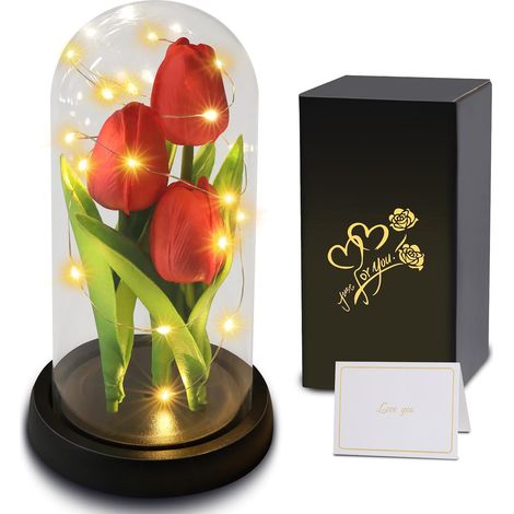 Tulipe Eternelle sous Cloche avec LED pour Femme,Fleur Eternelle,Forever Tulip Fleurs artificielles Cadeau Maman Mère Grand-mère,Idee Cadeau pour Anniversaire,Mariage, Fête des Mères (1/5)