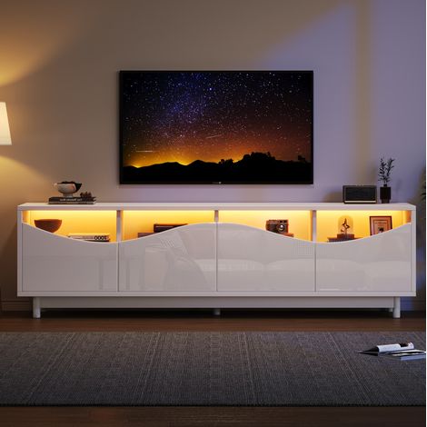 Meuble TV blanc laqué incurvé, LED, verre trempé, 175 x 38 x 51,2 cm OKMYHOME (1/5)