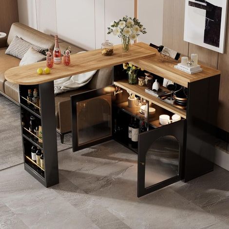 138-193X39X105CM Moderner ausziehbarer Bartisch ,Ausziehbarer Esstisch mit Stauraum , Stehtisch Bistrotisch, drehbar, für Esszimmer,Mit 1m langem LED Lichtstreifen(Einstellbare Lichtfarbe),Schwarz (1/5)
