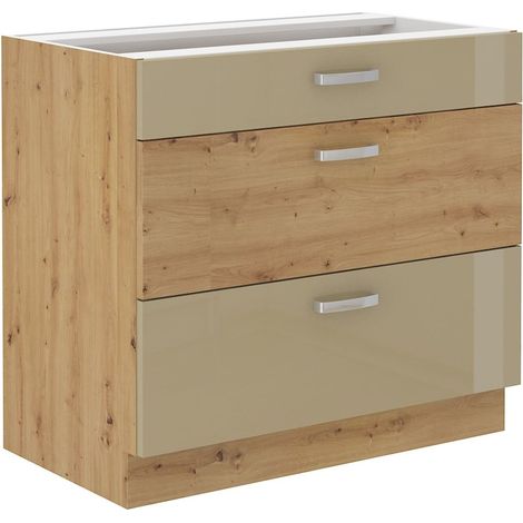 Küchen Unterschrank 80 Eiche Artisan Cappuccino Hochglanz Vollauszug Soft-Close (1/5)