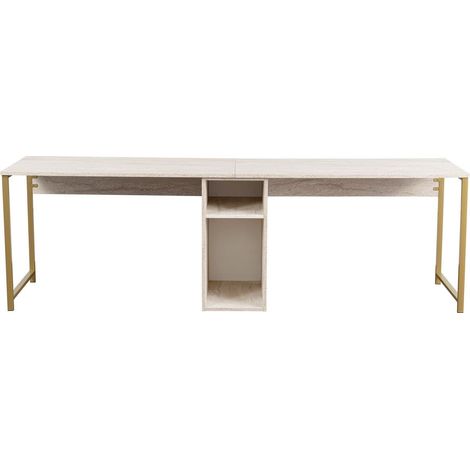 Bureau double avec rangement central effet travertin, piètement doré 240 cm - Orsa (1/5)