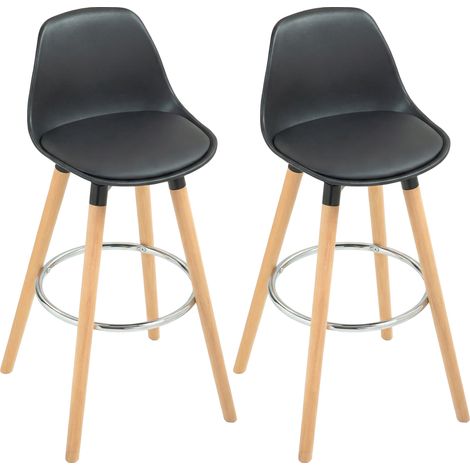 Set aus 2 schwarzen Barhockern mit gepolsterter Rückenlehne, integrierter Fußstütze und bequemer Sitzfläche (43 x 43 x 91 cm). Ideal für Küche oder Theke.