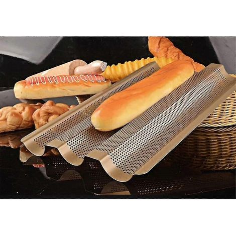 Moule à pain français perforé en acier inoxydable à 3 fentes pour la cuisine, idéal pour la fabrication de baguettes et autres petits pains. (1/4)