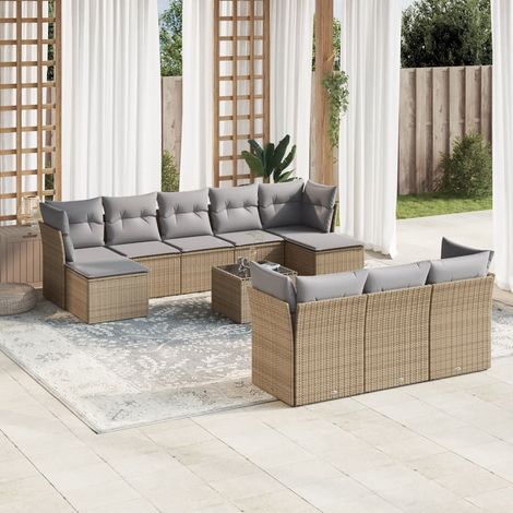 11-tlg. Garten-Sofagarnitur mit Kissen Beige Poly Rattan (1/3)