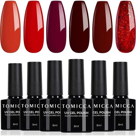 Vernis Semi Permanent 6 Couleurs Rouge et Rouge Pailleté Kit, 8ML (1/5)