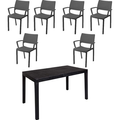 Set 6 Sedia con braccioli e tavolo da giardino in resina antracite effetto legno per interno esterno bar pub ristorante terrazza (1/5)