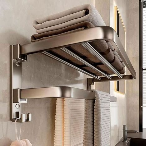 Portasciugamani da bagno, a parete, con fissaggio a vite o autoadesivo, pieghevole, in alluminio antiruggine, colore grigio.