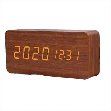 Horloge numérique en bois avec affichage LED et température - Décoration de bureau, de chambre ou de table - Marron (1/5)